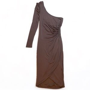 BEBE Kardashians Taupe Cutout Dress Cinched One Shoulder Goddess Wrap size Small
